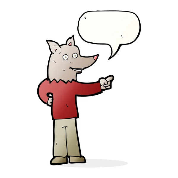 Cartoon wolf man wijzend met spraakbel — Stockvector