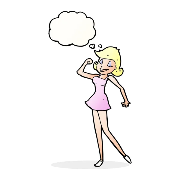 Cartoon vrouw met kan houding doen met gedachte zeepbel — Stockvector