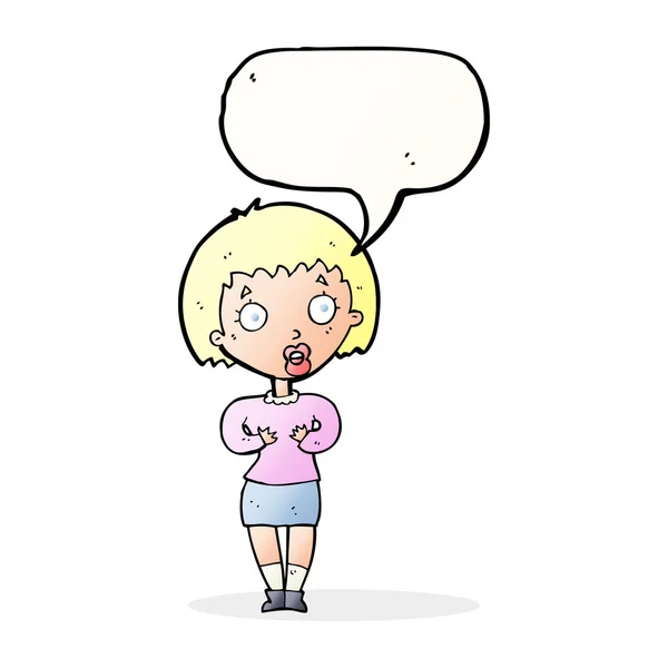 Cartoon woman making Who Me? gesture with speech bubble — Stock Vector