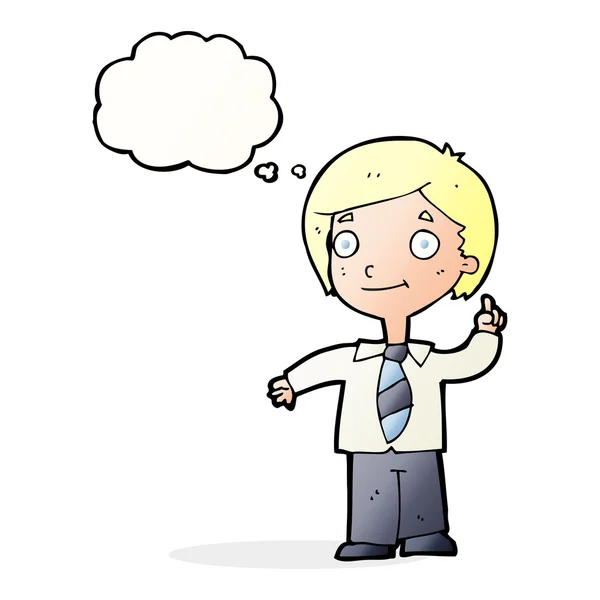 Cartoon school boy answering question with thought bubble — Stock Vector