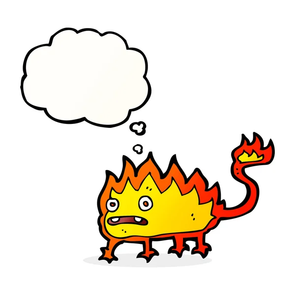 Cartone animato piccolo demone di fuoco con bolla di pensiero — Vettoriale Stock
