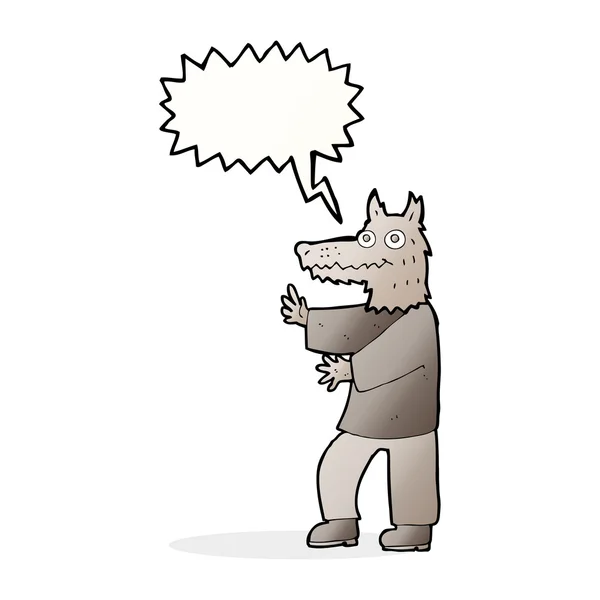 Hombre lobo divertido de dibujos animados con burbuja de habla — Vector de stock