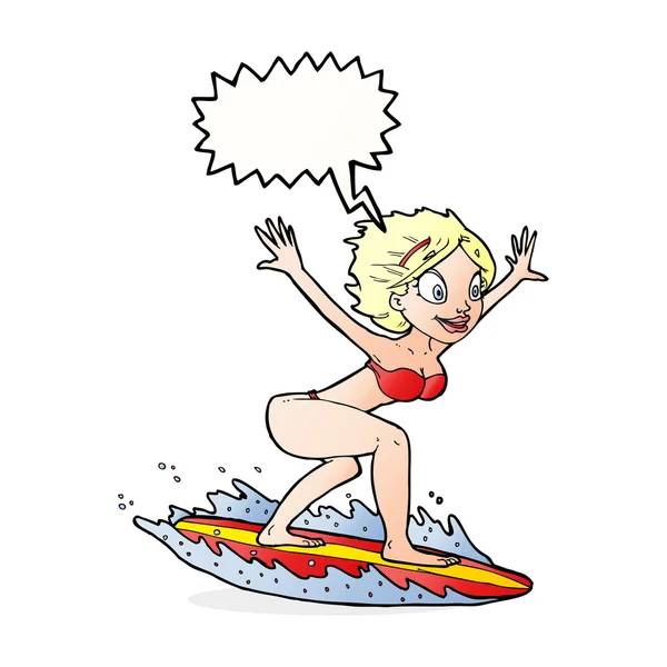 Cartoon surfer girl with speech bubble — Stock Vector