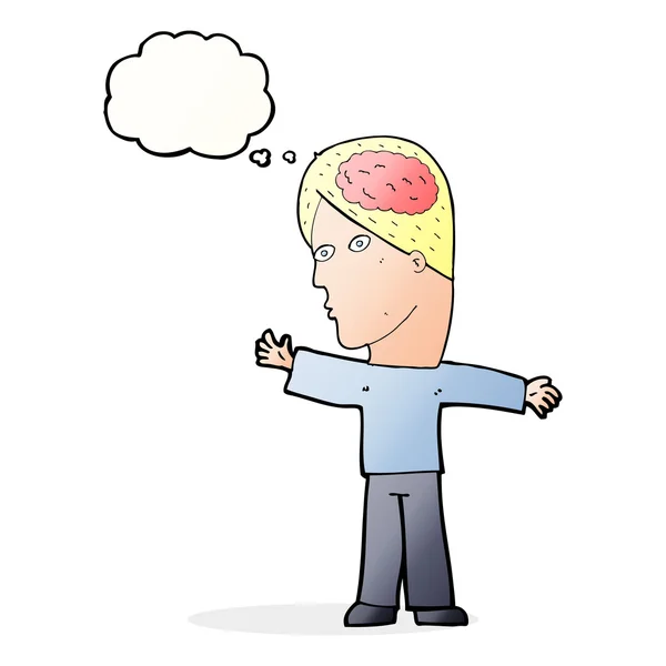 Hombre de dibujos animados con cerebro con burbuja de pensamiento — Vector de stock