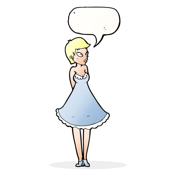Dessin animé jolie femme en robe avec bulle de parole — Image vectorielle