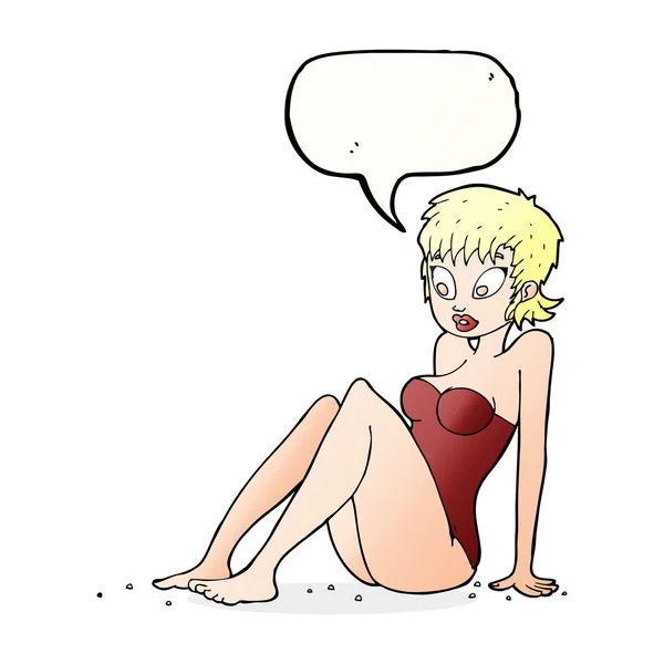 Mujer de dibujos animados en traje de baño con burbuja de habla — Vector de stock