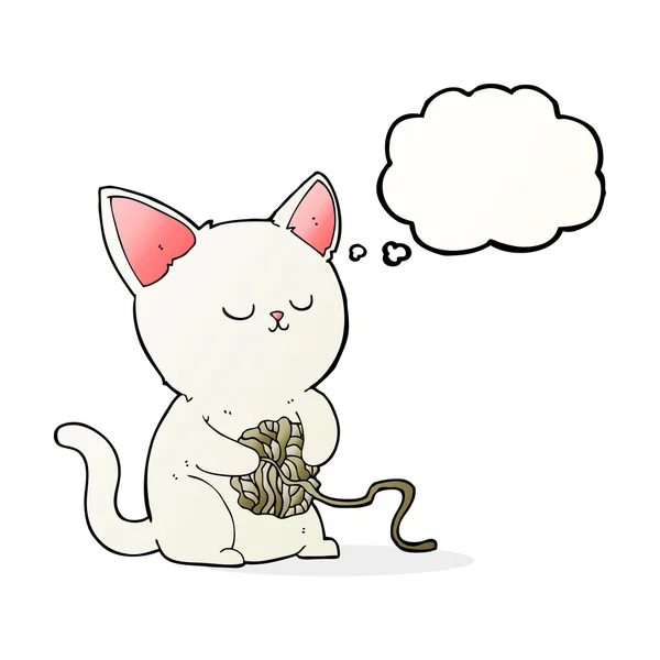 Cartoon kat spelen met bal van garen met gedachte zeepbel — Stockvector