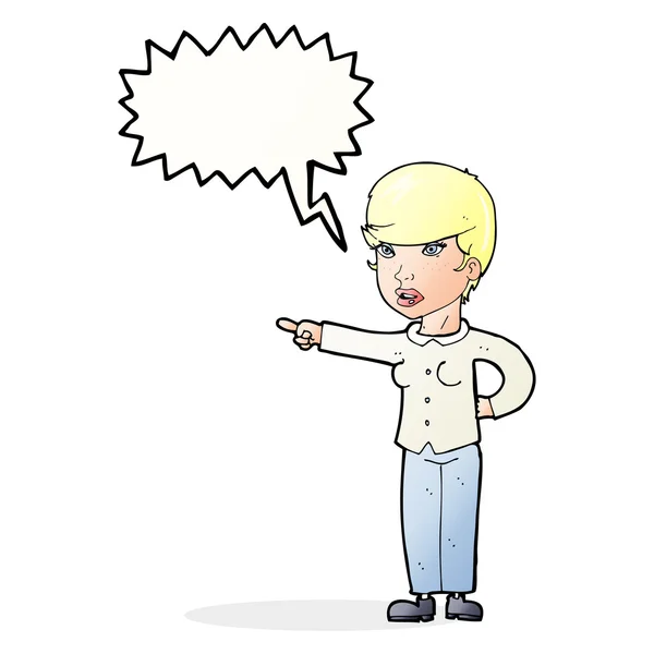 Cartoon woman pointing finger of blame with speech bubble — Stock Vector