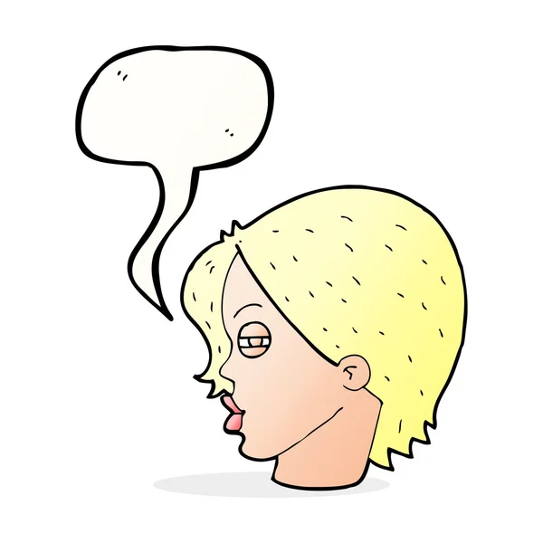 Karikatur weibliches Gesicht mit verengten Augen mit Sprechblase — Stockvektor