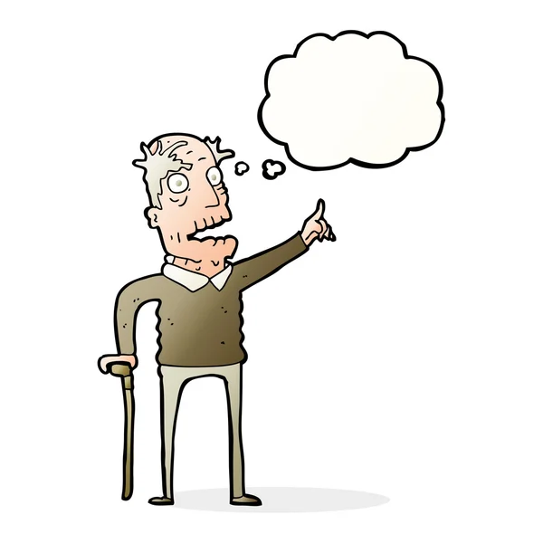 Cartoon oude man met wandelstok met gedachte zeepbel — Stockvector