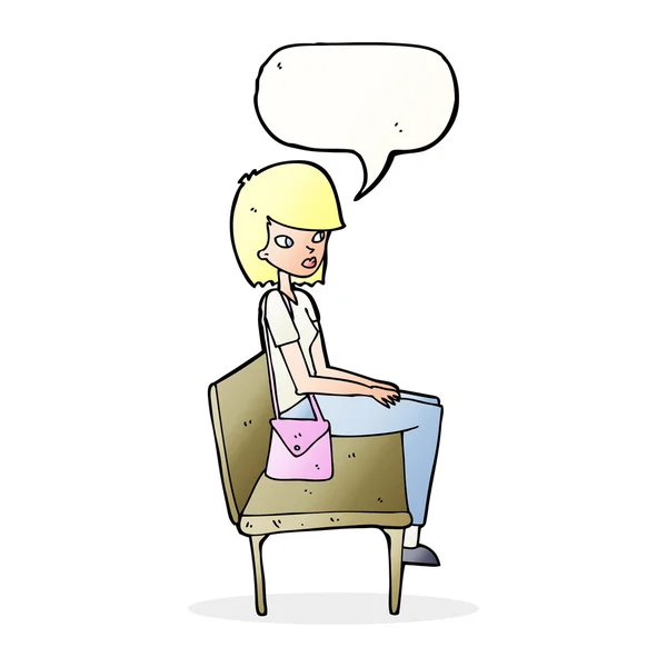Mulher dos desenhos animados sentado no banco com bolha de fala —  Vetores de Stock
