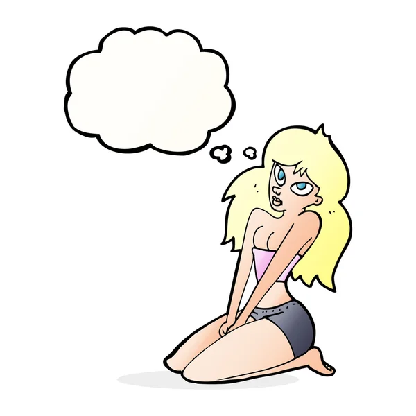 Cartoon woman in skimpy clothing with thought bubble — Stock Vector