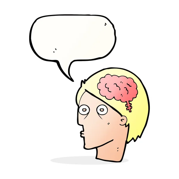 Tête de dessin animé avec symbole du cerveau avec bulle vocale — Image vectorielle