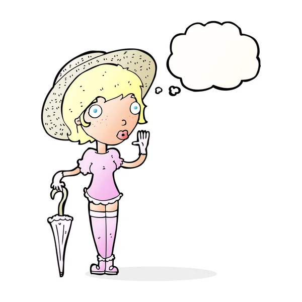 Mujer de dibujos animados en sombrero de verano ondeando con burbuja de pensamiento — Archivo Imágenes Vectoriales