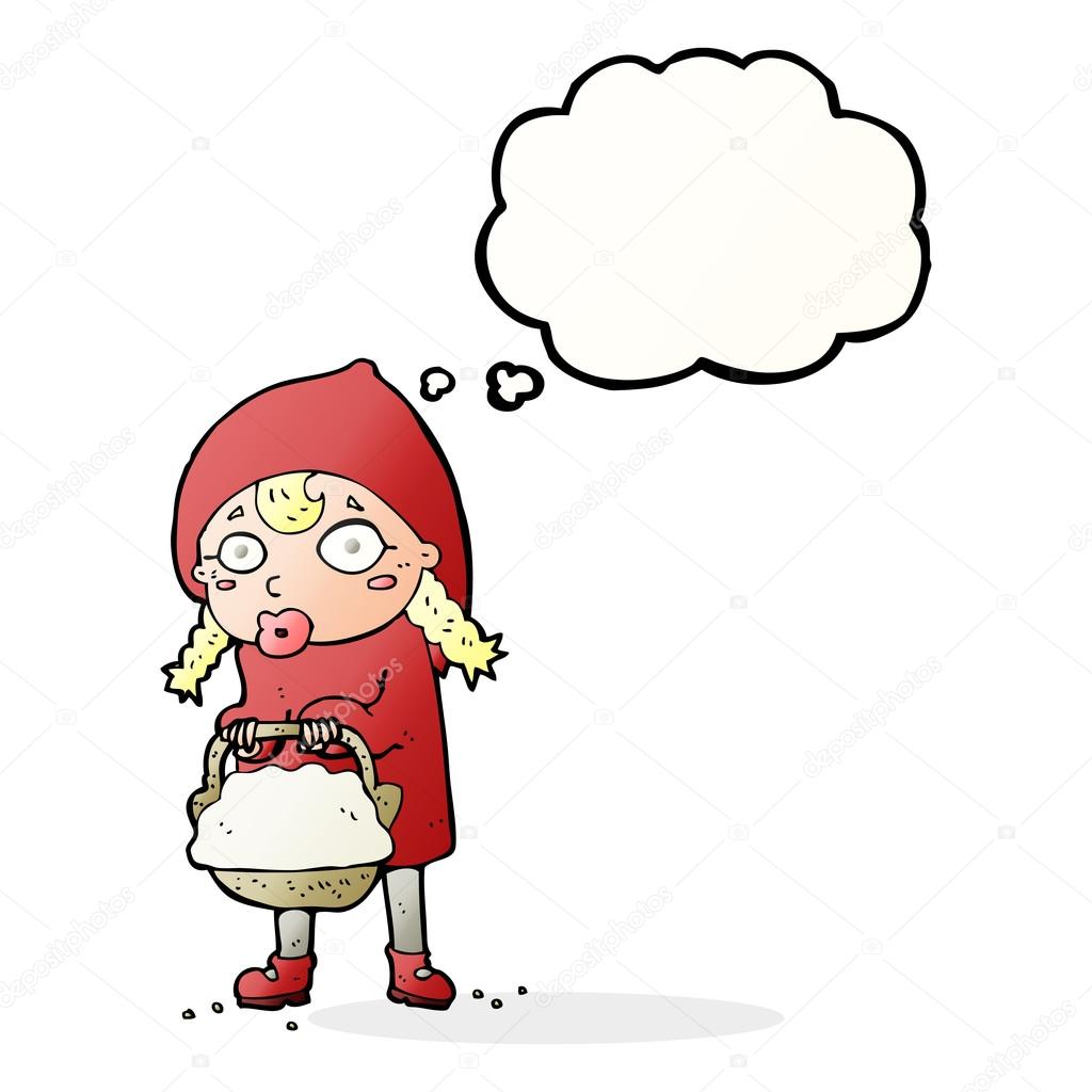Petit chaperon rouge capuche dessin animé avec bulle de pensée — Image vectorielle