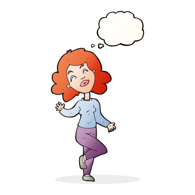Düşünce baloncuğuyla dans eden mutlu kadın çizgi filmi