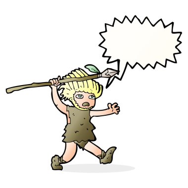 Konuşma balonu olan bir mağara adamı.