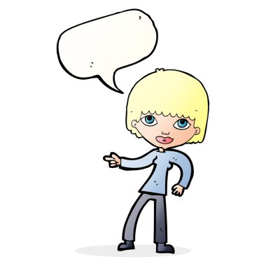 Çizgi filmdeki kadın konuşma balonunu işaret ediyor