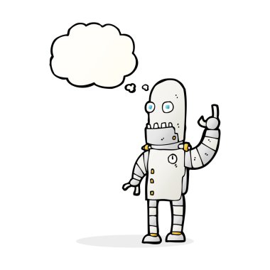 Düşünce baloncuğu sallayan robot.