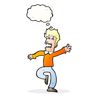 Düşünce baloncuğuyla panikleyen çizgi film adamı.