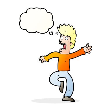 Düşünce baloncuğu olan korkmuş bir adam.