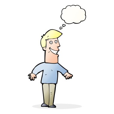 Düşünce baloncuğu ile sırıtan çizgi film adamı.