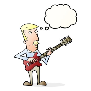 Düşünce baloncuğuyla elektro gitar çalan çizgi film adamı.