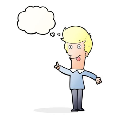 Düşünce baloncuğu olan komik bir adam.