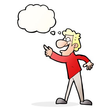 Çizgi film adamı düşünce balonuyla işaret edip gülüyor.