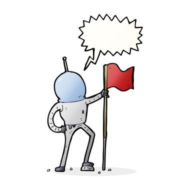 karikatür astronotu konuşma baloncuğu ile bayrak dikiyor