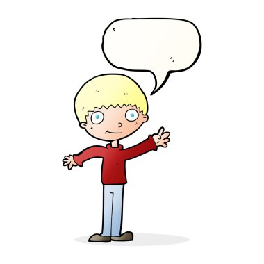 Çizgi film mutlu, konuşma balonlu çocuk.