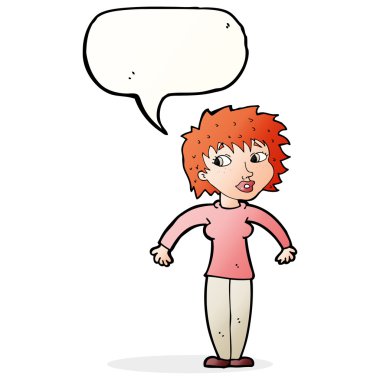 Çizgi filmdeki kadın konuşma balonuyla omuz silkiyor.