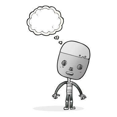 Düşünce baloncuklu üzgün robot çizgi filmi