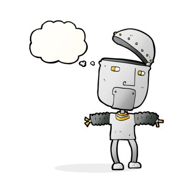 Düşünce baloncuğu ile açık kafalı komik çizgi film robotu