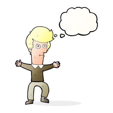 Düşünce baloncuğu olan ürkmüş bir adam.