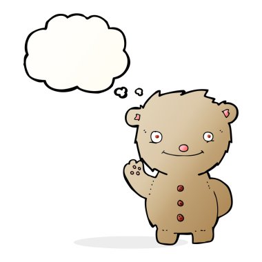 Düşünce baloncuklu oyuncak ayıyı sallayan çizgi film