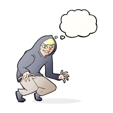 Düşünce baloncuklu kapüşonlu yaramaz çocuk.