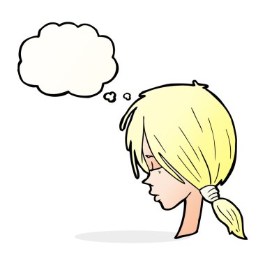 Çizgi film kızı düşünce baloncuğuyla düşünceli görünüyor.