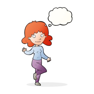 Çizgi film dostu kadın düşünce balonuyla el sallıyor.