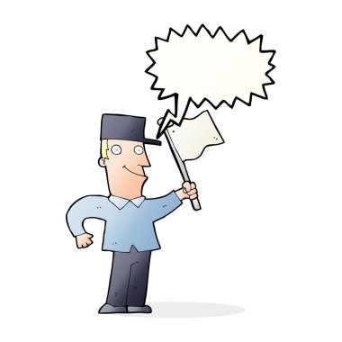 Konuşma baloncuğuyla bayrak sallayan çizgi film adamı