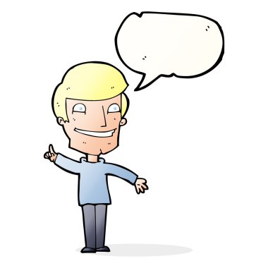 Konuşma balonuyla sırıtan bir karikatür adamı.