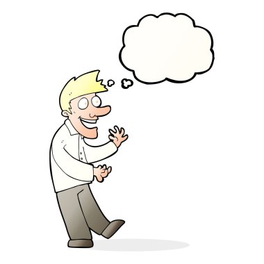 Düşünce baloncuğu olan heyecanlı bir adam.