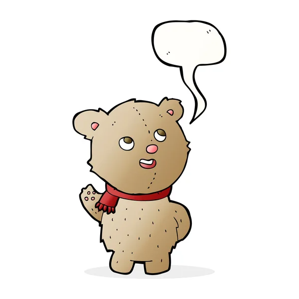 Desenho animado bonito ursinho com cachecol com bolha de fala — Vetor de Stock