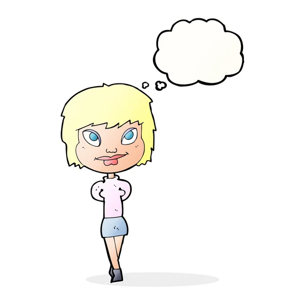 Cartoon gelukkig vrouw met gedachte zeepbel — Stockvector