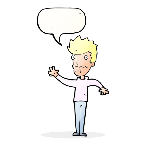 Karikatur besorgter Mann greift mit Sprechblase zu — Stockvektor