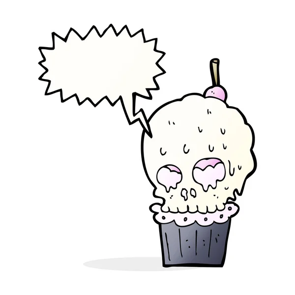 Cartone animato spaventoso cranio cupcake con bolla discorso — Vettoriale Stock