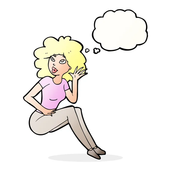 Mujer de dibujos animados escuchando con burbuja de pensamiento — Vector de stock