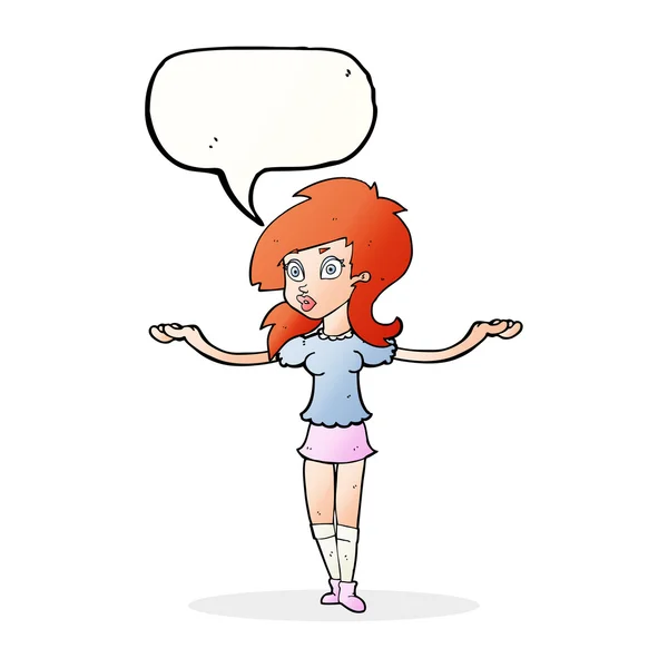 Cartoon confused pretty girl with speech bubble — Stock Vector