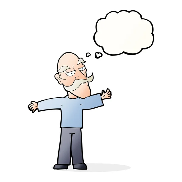 Cartoon old man spreading arms wide with thought bubble — Stock Vector