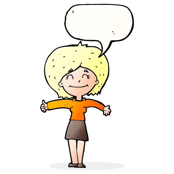 Cartoon woman giving thumbs up sign with speech bubble — Stock Vector